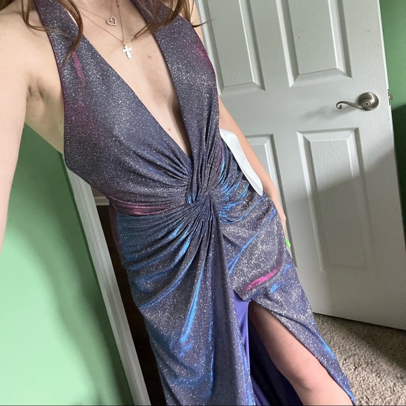 NWT Ieena Mac Duggal Dress Long Metallic Glittered Slit Evening Purple - Picture 6 of 9